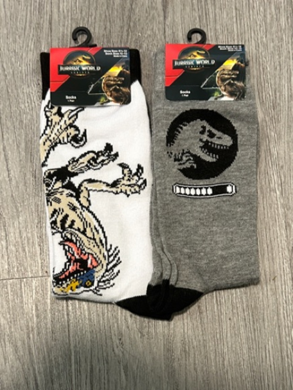 NWT Men's Jurassic World Crew Socks - White & Gray Dino Design (2-Pack)